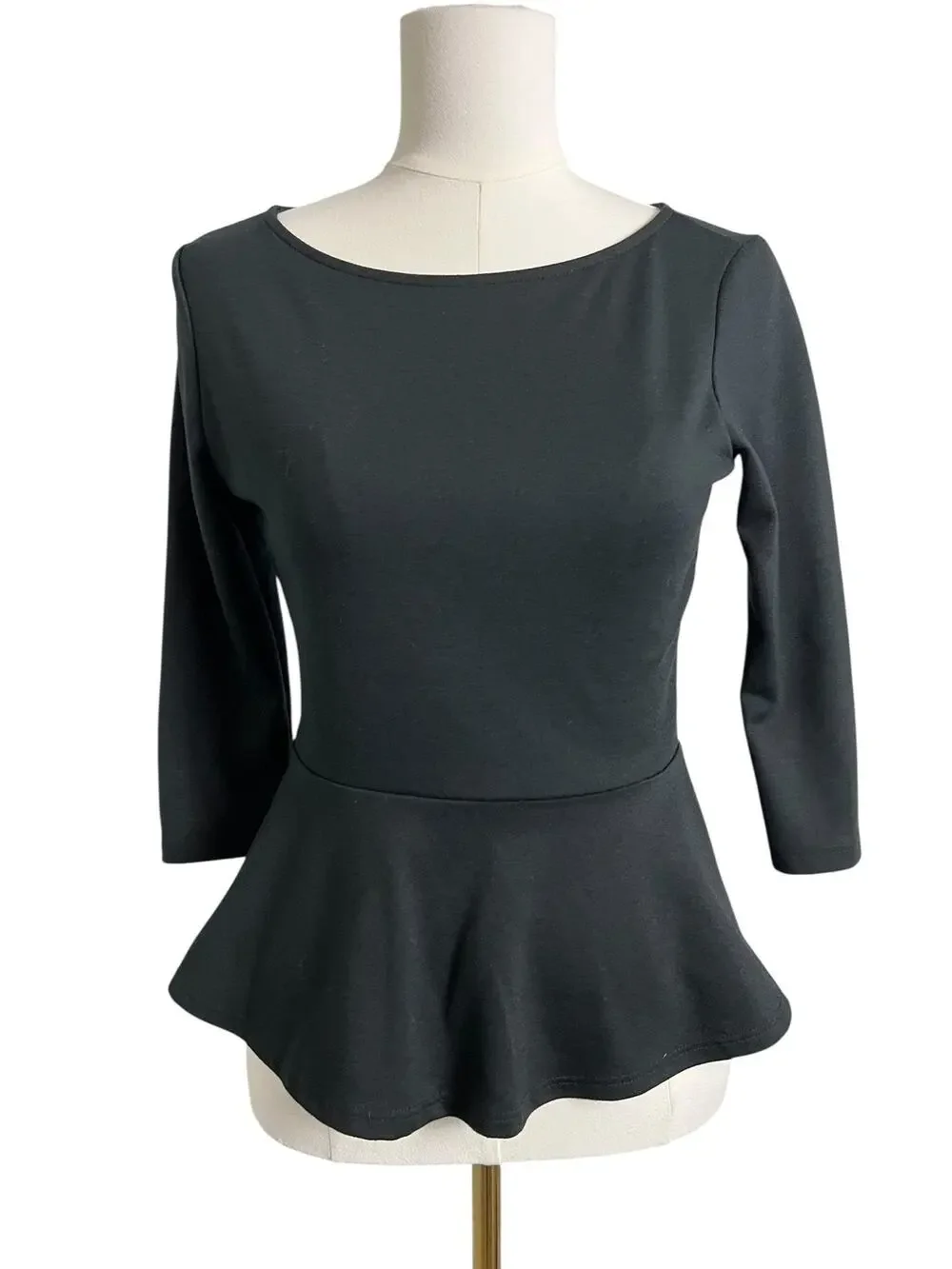 Bar III Blouse Womens XS Black Peplum 3/4 Sleeve Exposed Zip Knit Stretch Top